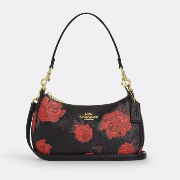 Coach Teri Shoulder Bag With Floral Print CCE28 Black/Red - Picture 1 of 9